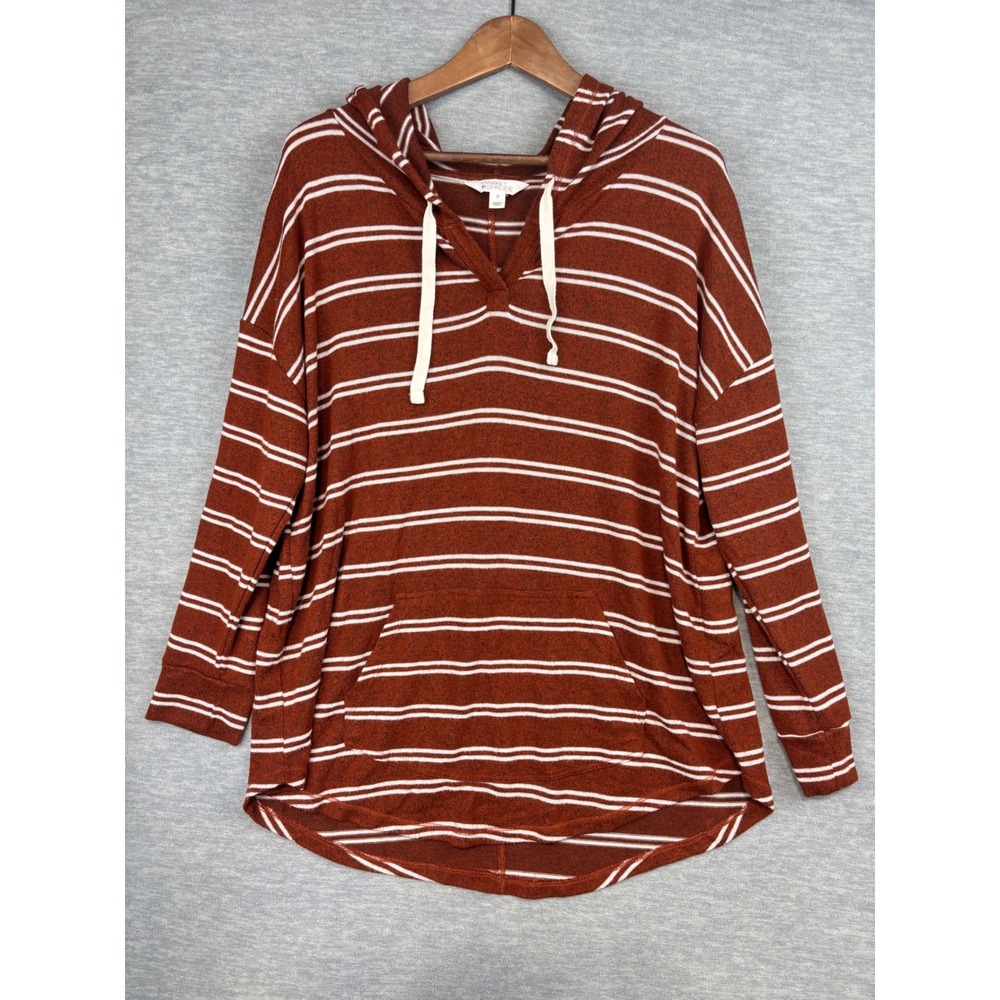 Market & Spruce Striped Hoodie Rust Orange White Pullover 1X Pocket Curved Hem